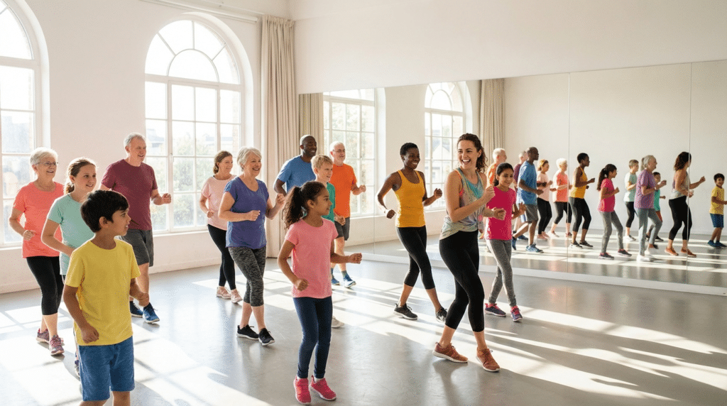 Adults and children exercising together in a fitness class at Active Studios NYC on the Upper East Side of Manhattan