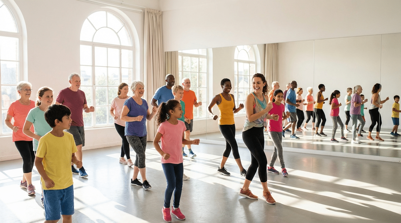 Adults and children exercising together in a fitness class at Active Studios NYC on the Upper East Side of Manhattan