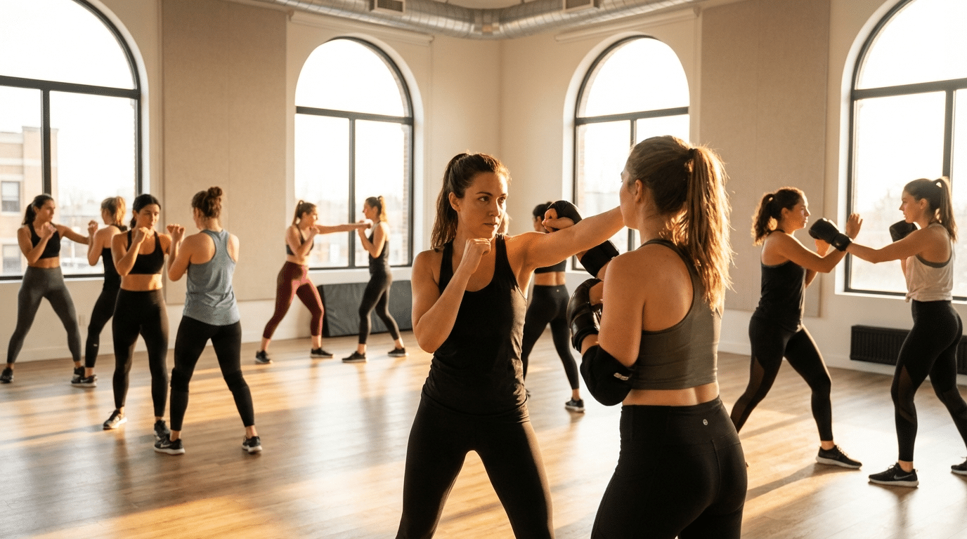 Women's cardio kickboxing class at Active Studios NYC on the Upper East Side of Manhattan