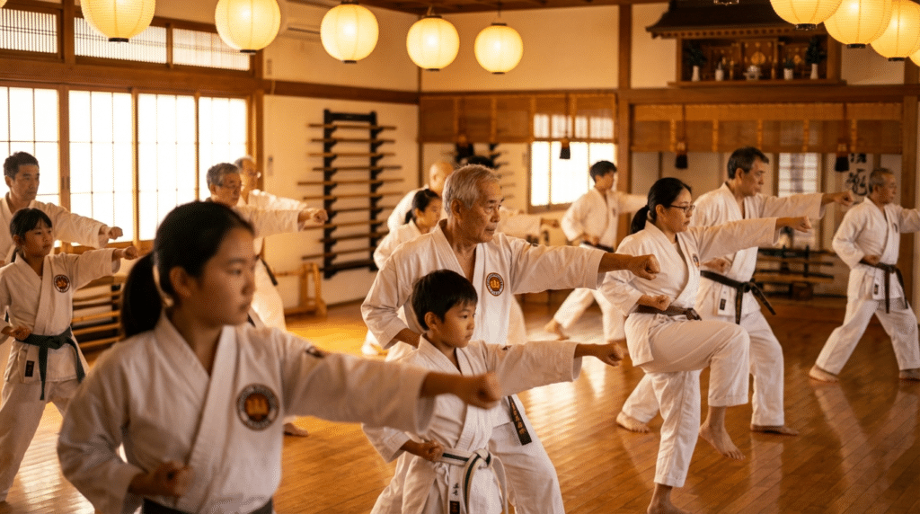 Traditional karate class with adults and children practicing in a classic dojo — One World Dojo Goju-Ryu karate NYC